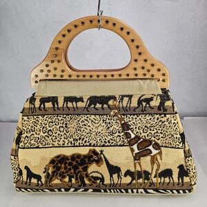 Safari Animal Tapestry Bag with Wooden Handle Vintage‎ Retro